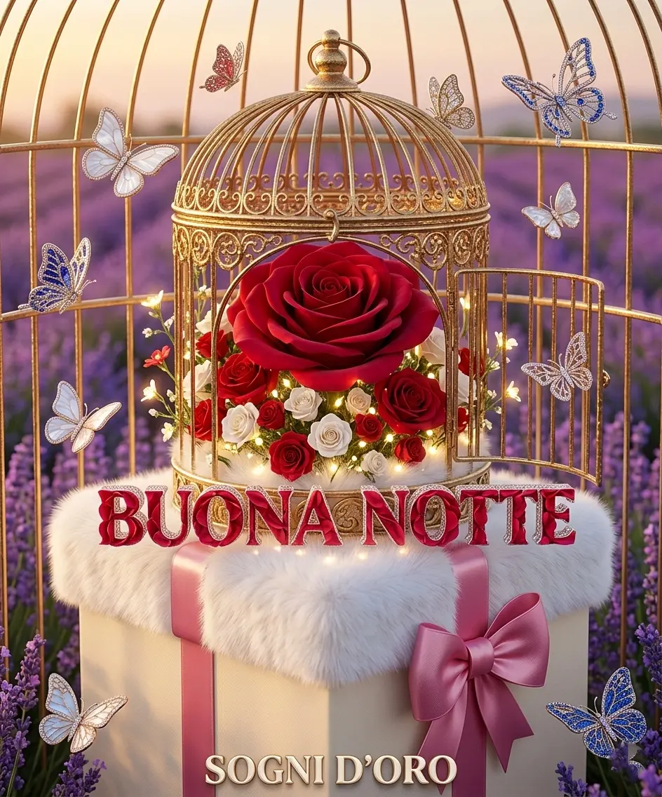 Una grande rosa rossa in una gabbia dorata con le scritte Buona Notte e Sogni D'oro, splendida per augurare buonanotte amici