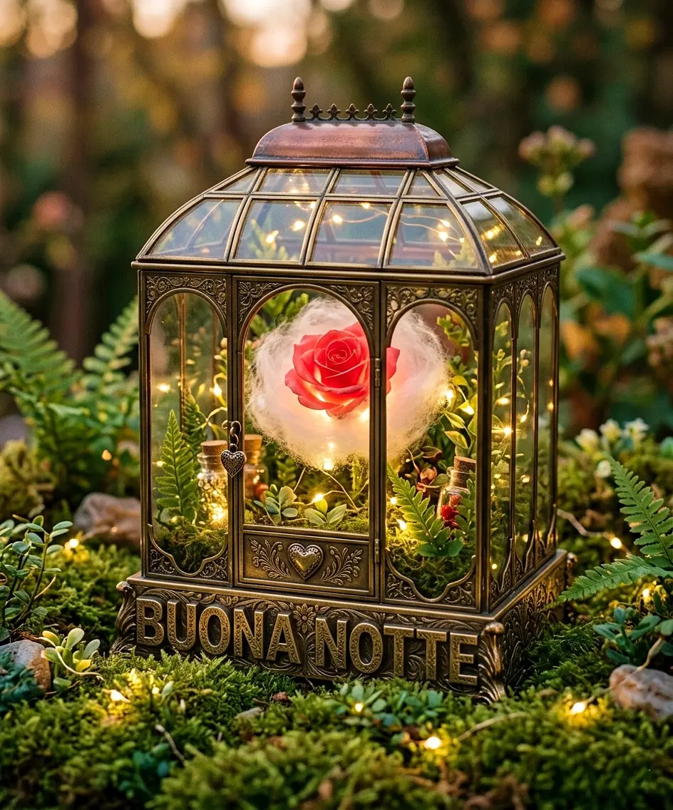Immagini buonanotte bellissime: lanterna serra vintage in bronzo con una rosa rossa luminosa avvolta nel cotone