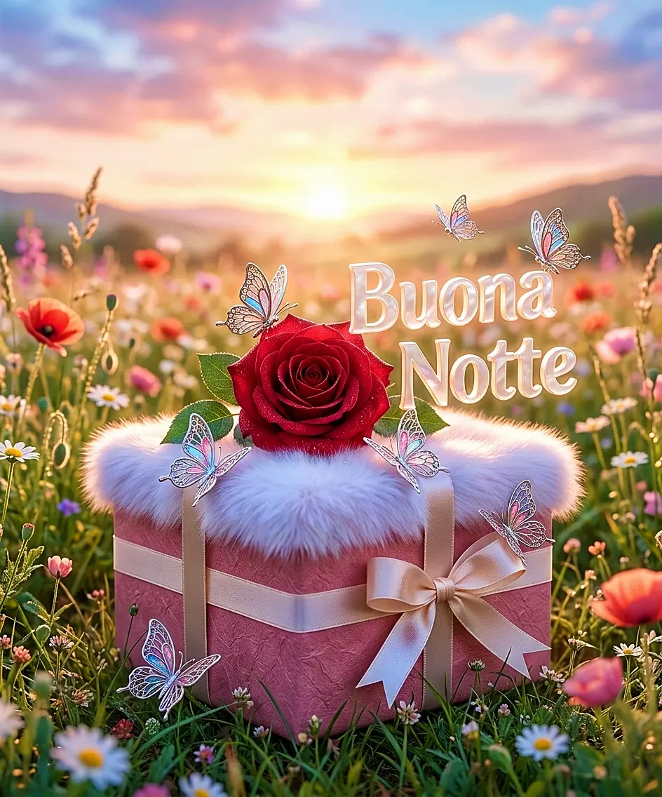 Immagini buonanotte per WhatsApp: scatola regalo rosa con pelliccia bianca, una rosa rossa e farfalle in un prato