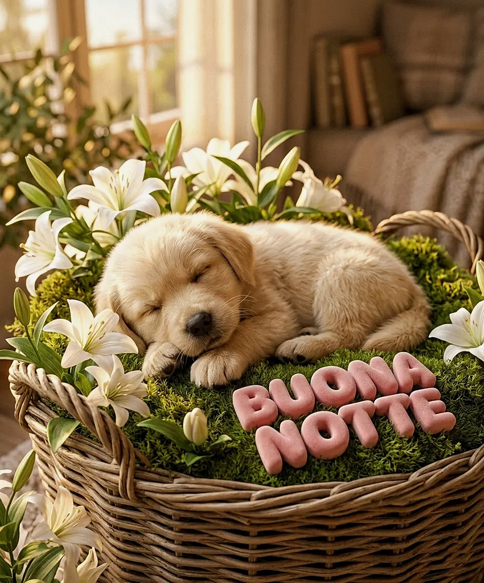 Un cucciolo di golden retriever addormentato in una cesta d'erba e gigli bianchi con la scritta in rilievo Buona Notte, perfetta per la sezione buonanotte immagini divertenti
