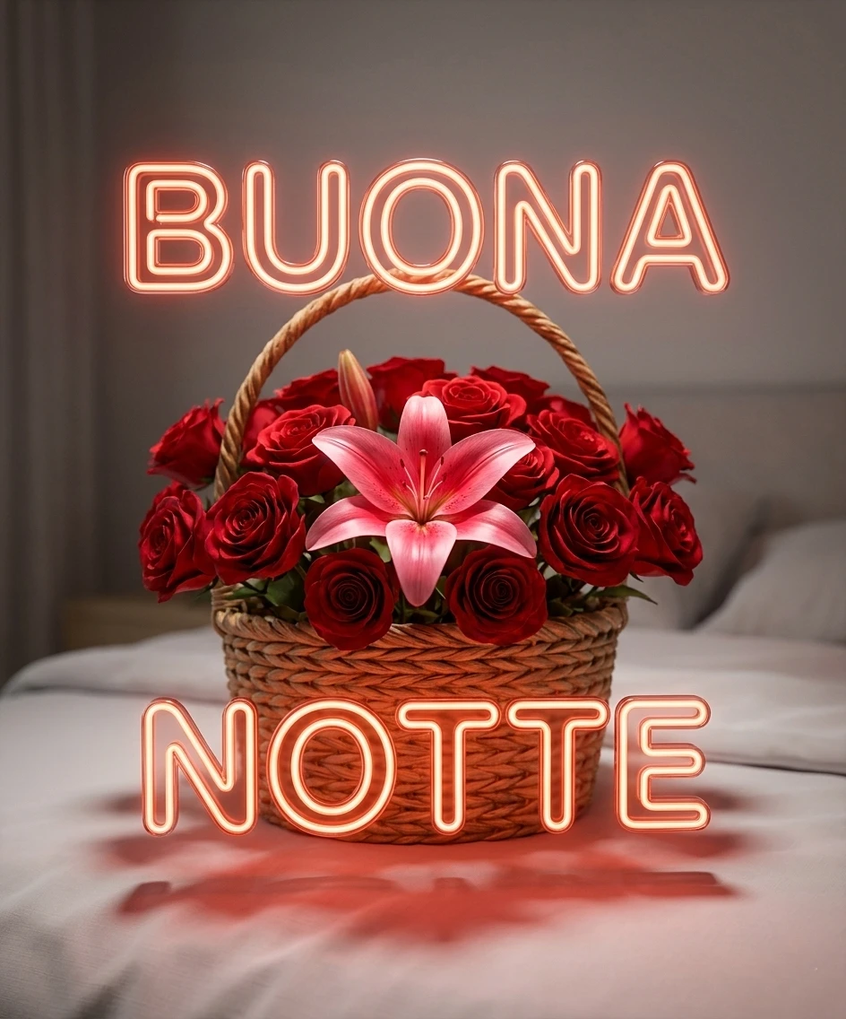 Immagini buonanotte fresche: cesto di vimini pieno di rose rosse e un giglio rosa su un letto bianco