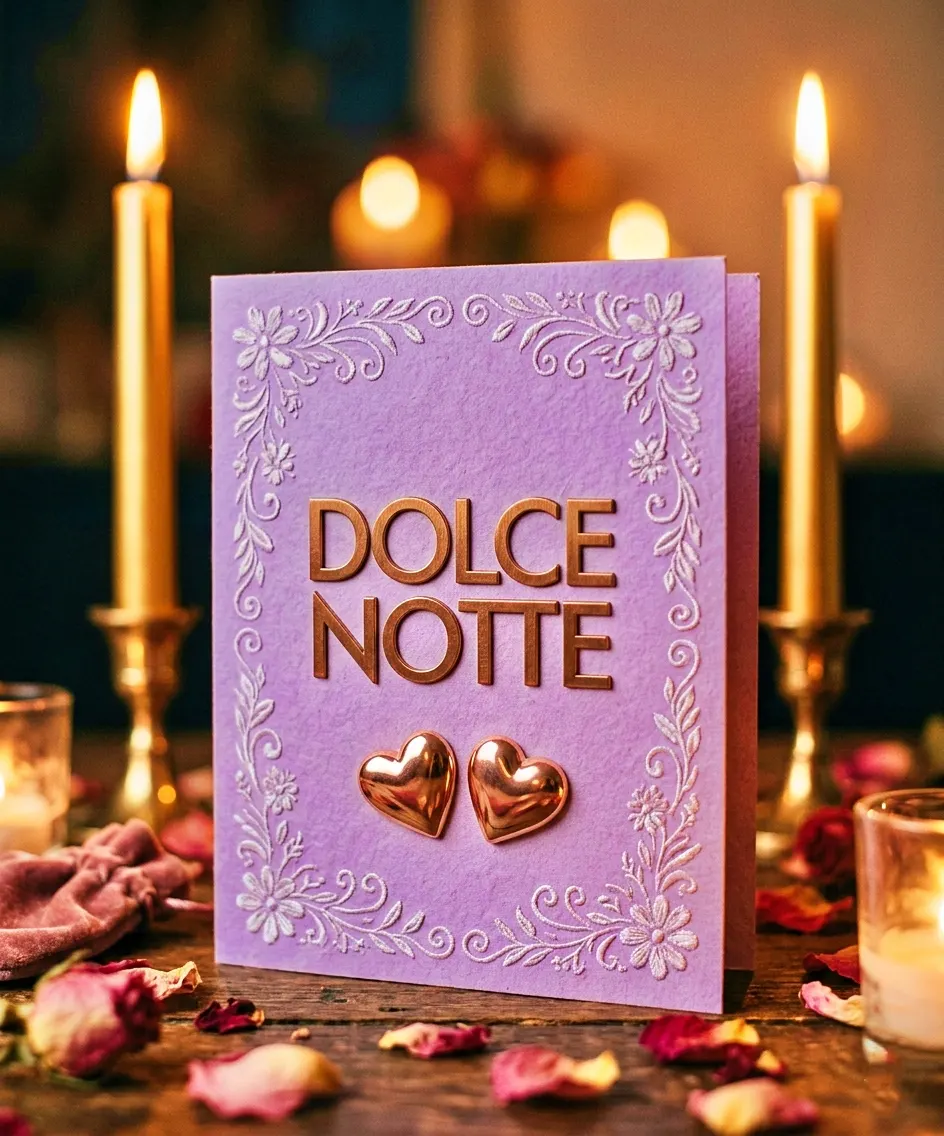 Un biglietto d'auguri lilla con decori in rilievo, candele accese e la scritta dorata Dolce Notte sul tavolo