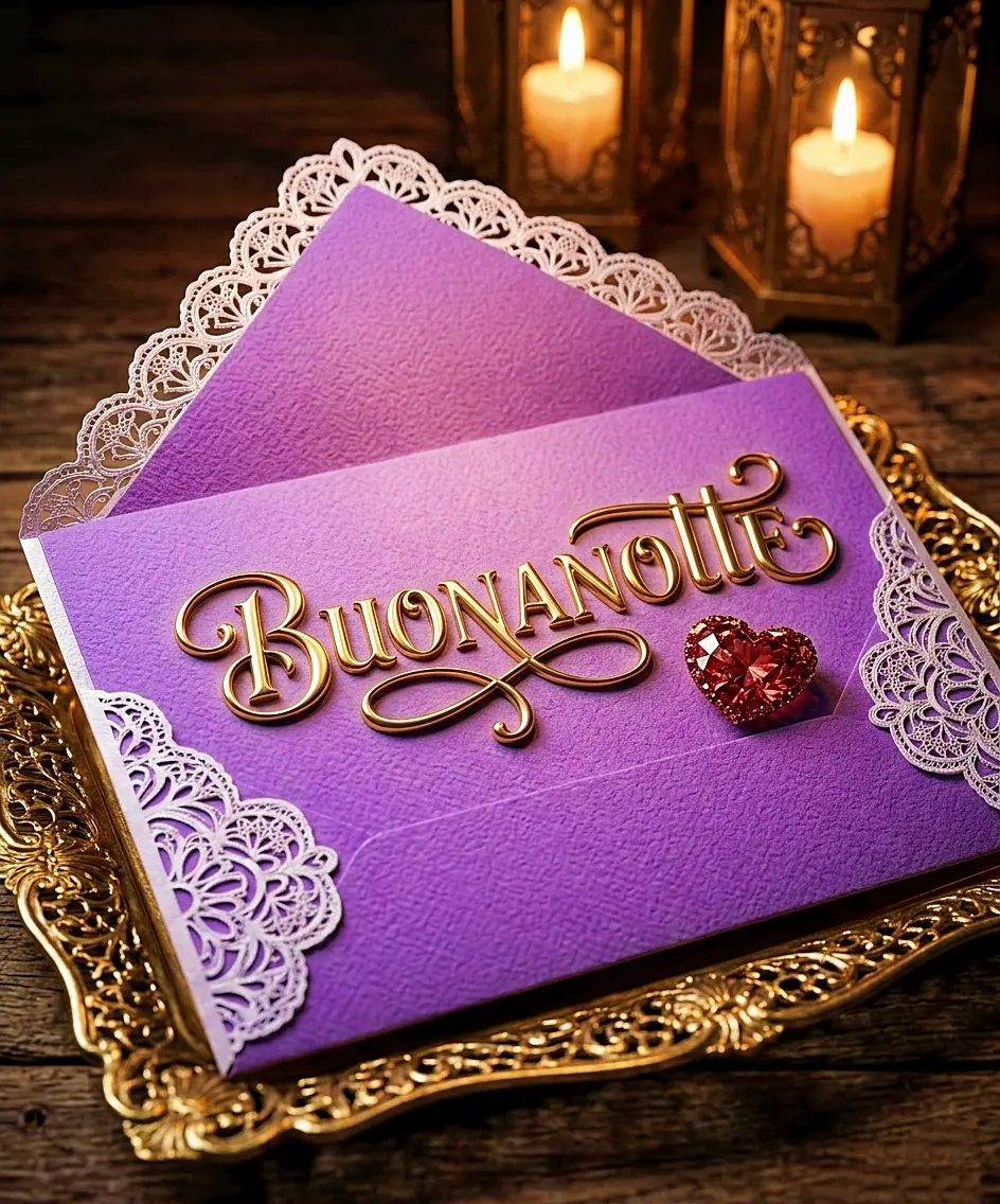 Immagini buonanotte nuove: busta regalo viola con merletto bianco e un cuore di rubino rosso su vassoio d'oro