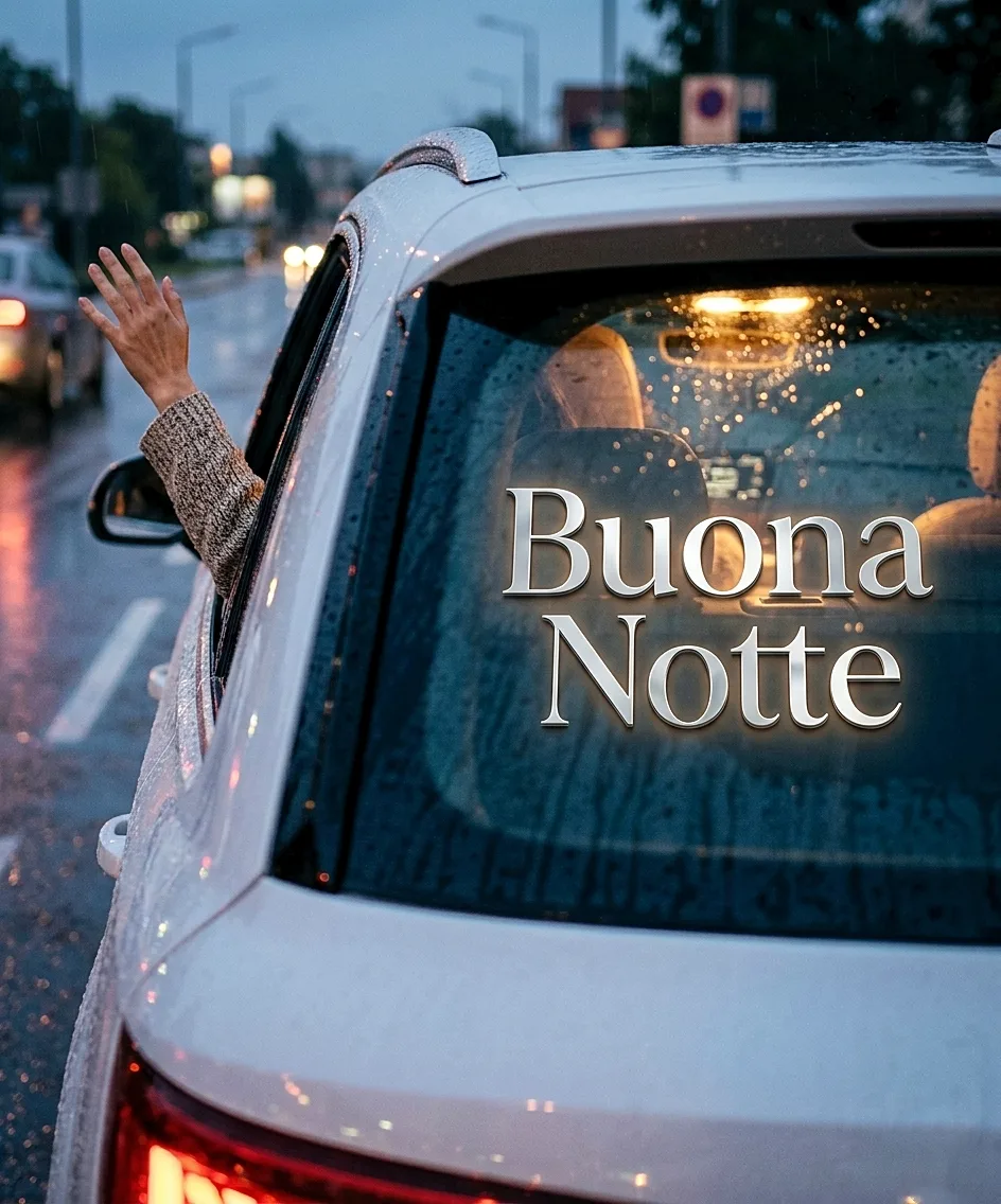 Mano che saluta dal finestrino di un'auto sotto la pioggia serale, una scelta originale per immagini buonanotte realistiche e malinconiche