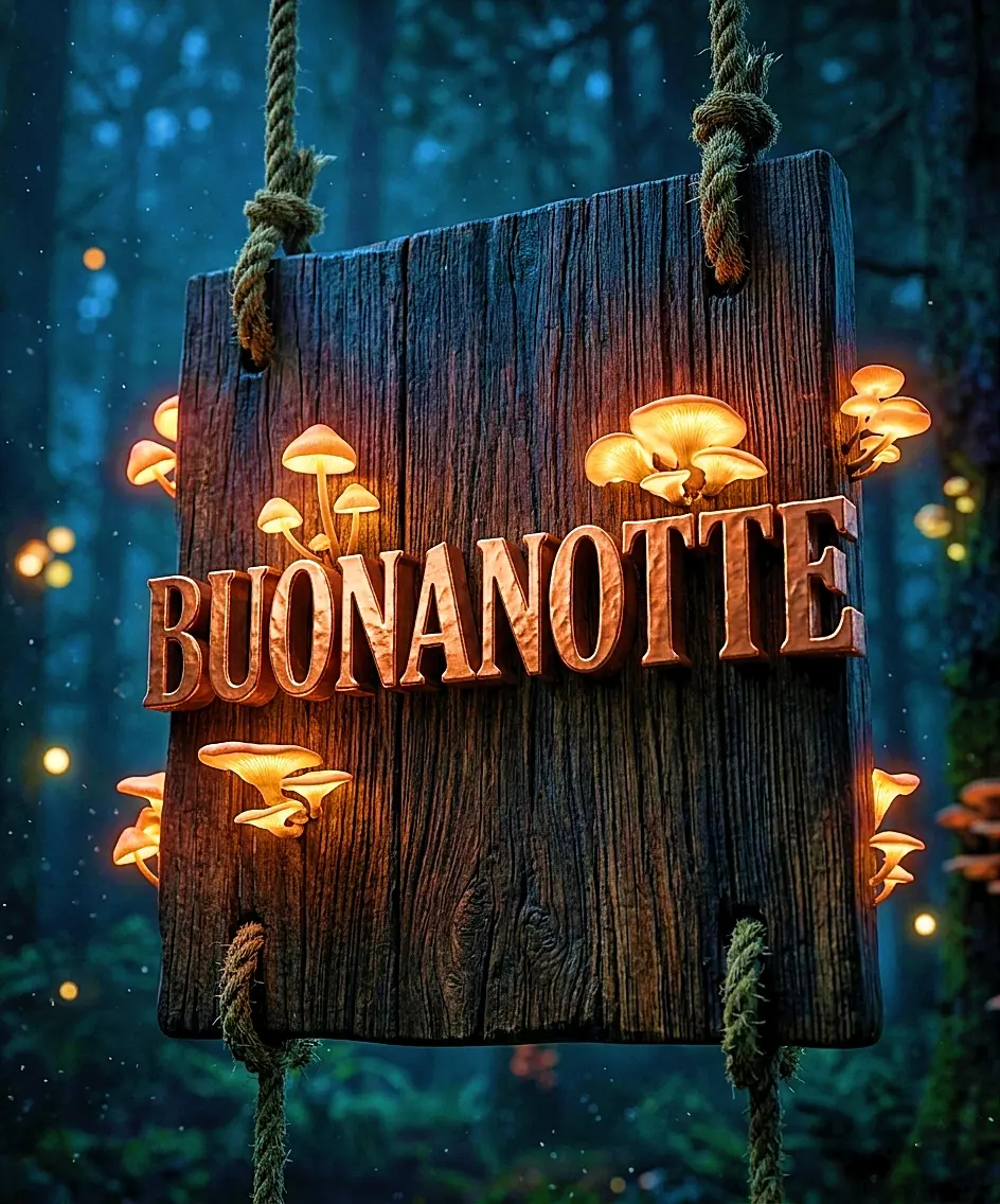 Un'insegna in legno antico appesa nel bosco e circondata da funghetti luminosi, un'ottima ispirazione a tema natura per grafiche di immagini buonanotte
