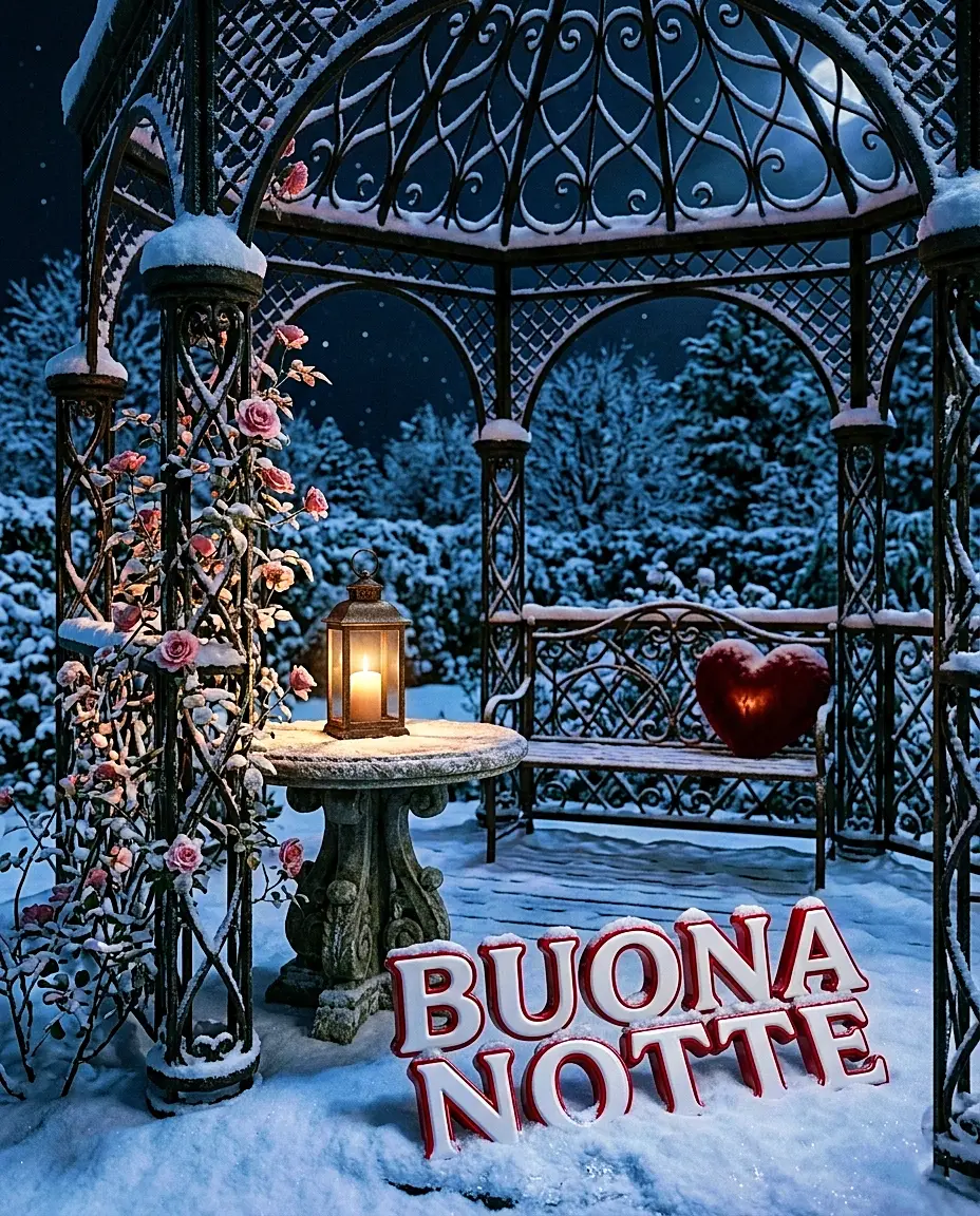 Un gazebo in ferro battuto ricoperto di neve e rose rosa con un cuore rosso sulla panchina, un'ottima scelta di nuovissimo buonanotte immagini recenti invernale