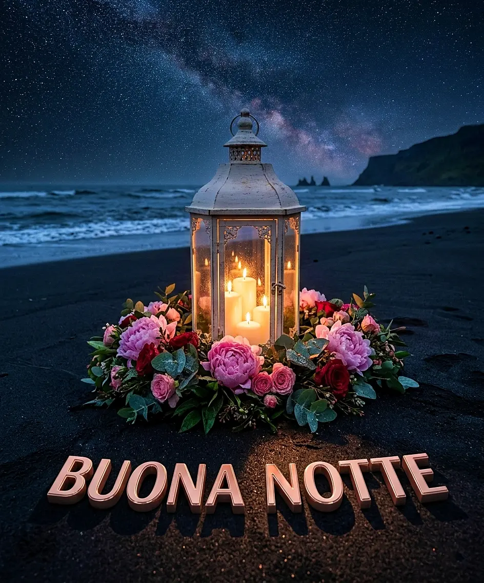 Lanterna bianca circondata da peonie e rose sulla sabbia scura di una spiaggia, ottima idea per inviare un messaggio di buonanotte amici sui social