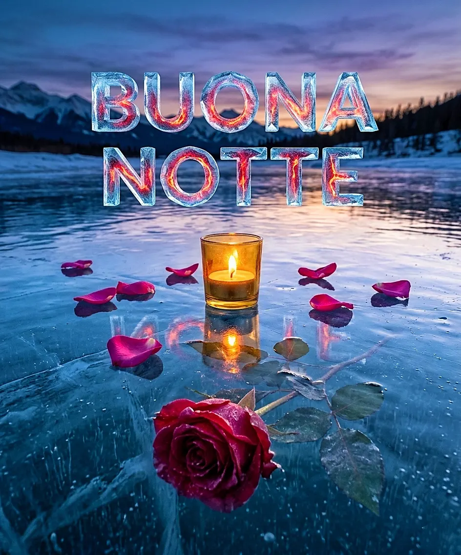Buona notte buonanotte e sogni d'oro: scritta di ghiaccio su lago congelato con candela e petali