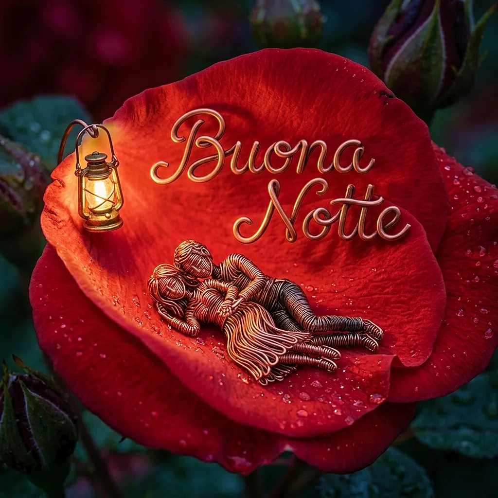 Nuovissimo buonanotte immagini recenti con una coppia intrecciata che dorme su un grande petalo di rosa rossa e una piccola lanterna accesa