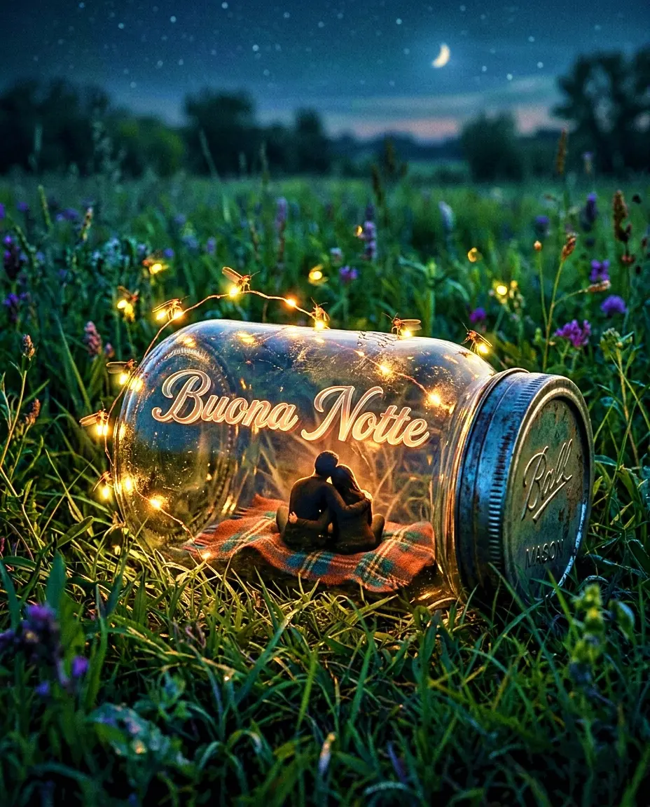 Immagini buonanotte romantiche e magiche con una coppia seduta dentro un barattolo di vetro illuminato da lucciole in un prato di notte