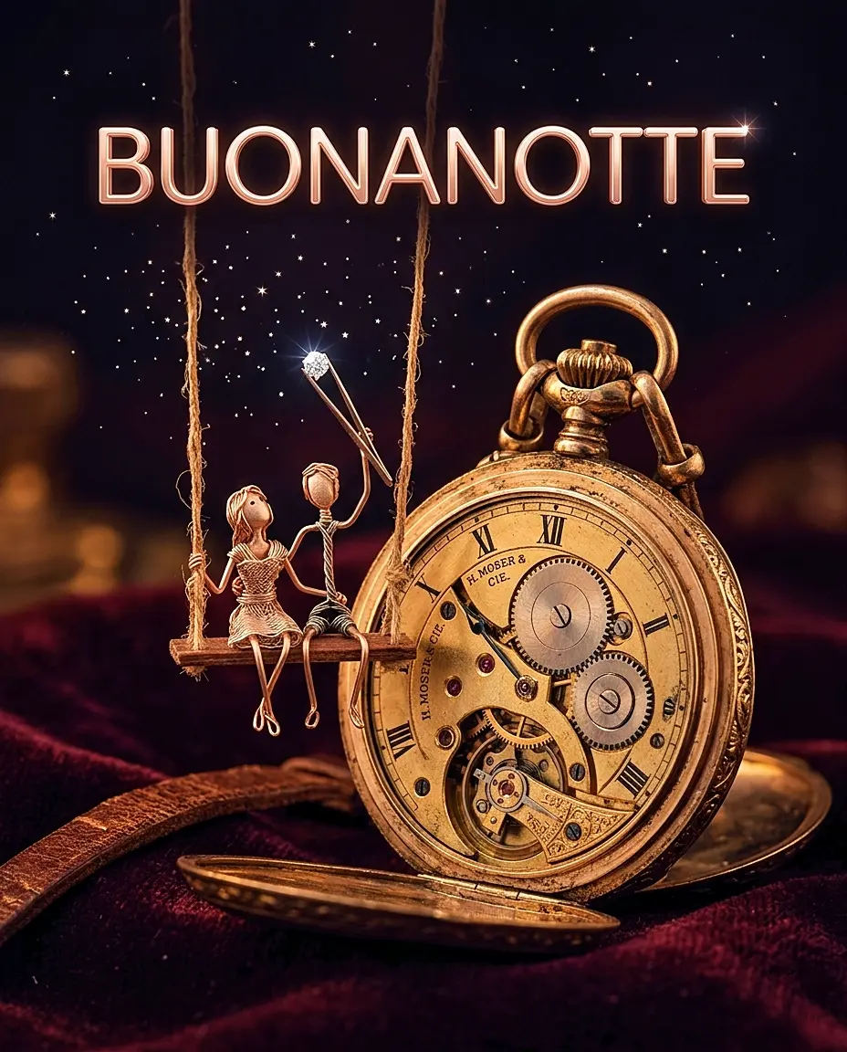 Due omini di filo di ferro su un'altalena appesa a un vecchio orologio da taschino, una scelta artistica per chi cerca immagini buonanotte particolari