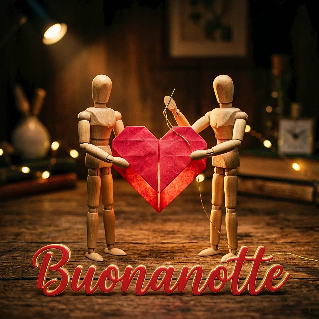 Due manichini snodabili in legno che ricuciono insieme un cuore di carta rossa strappato, un nuovissimo buonanotte immagini recenti dal significato profondo