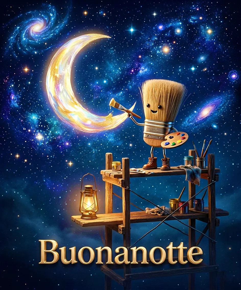 Un simpatico pennello animato su un'impalcatura che dipinge d'oro una grande falce di luna nel cielo stellato, un artistico nuovissimo buonanotte immagini recenti