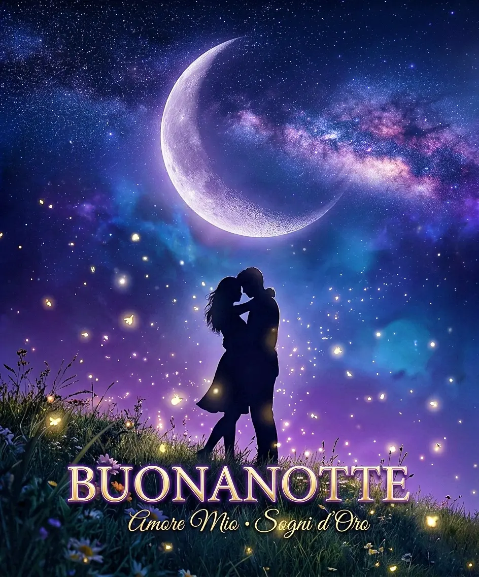 Sagoma di una coppia sotto la luna calante con la scritta Buonannotte Amore Mio Sogni d'Oro, ideale per augurare una dolce notte