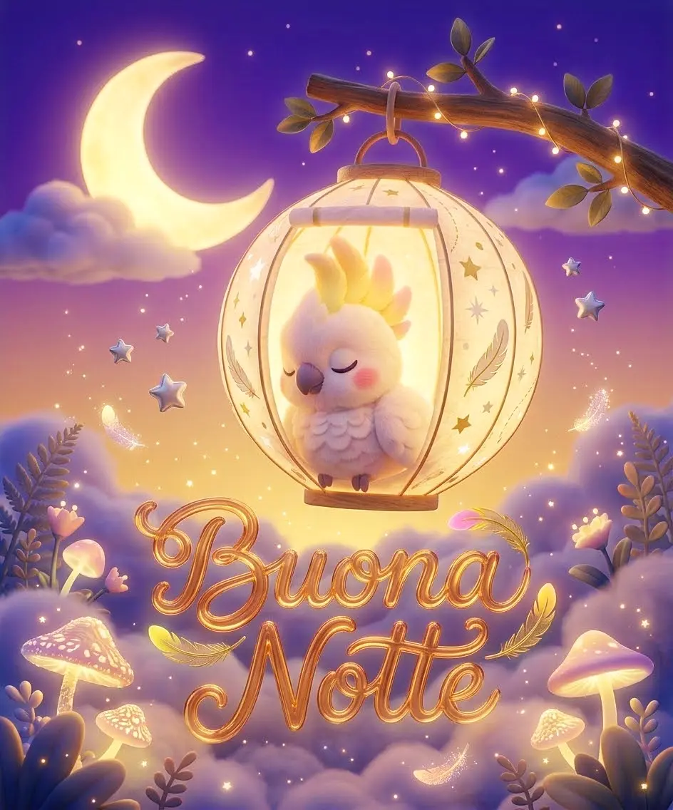 Un simpatico pappagallo bianco dentro una gabbietta luminosa appesa a un ramo con la scritta Buona Notte, splendida cartolina per buonanotte immagini divertenti