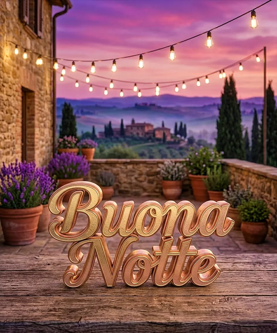 Immagini buonanotte speciali: scritta 3D dorata su tavolo di legno con terrazza toscana e lanterne sullo sfondo