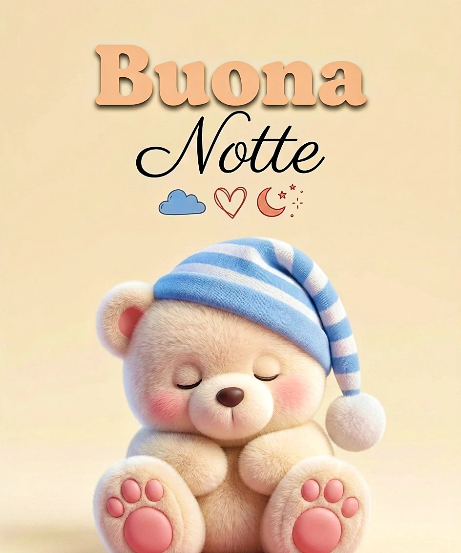 Dolce orsetto di peluche con cappellino da notte a righe che dorme, ideale per immagini buona notte orsetto e per fare gli auguri di buona notte in modo dolce e tenero