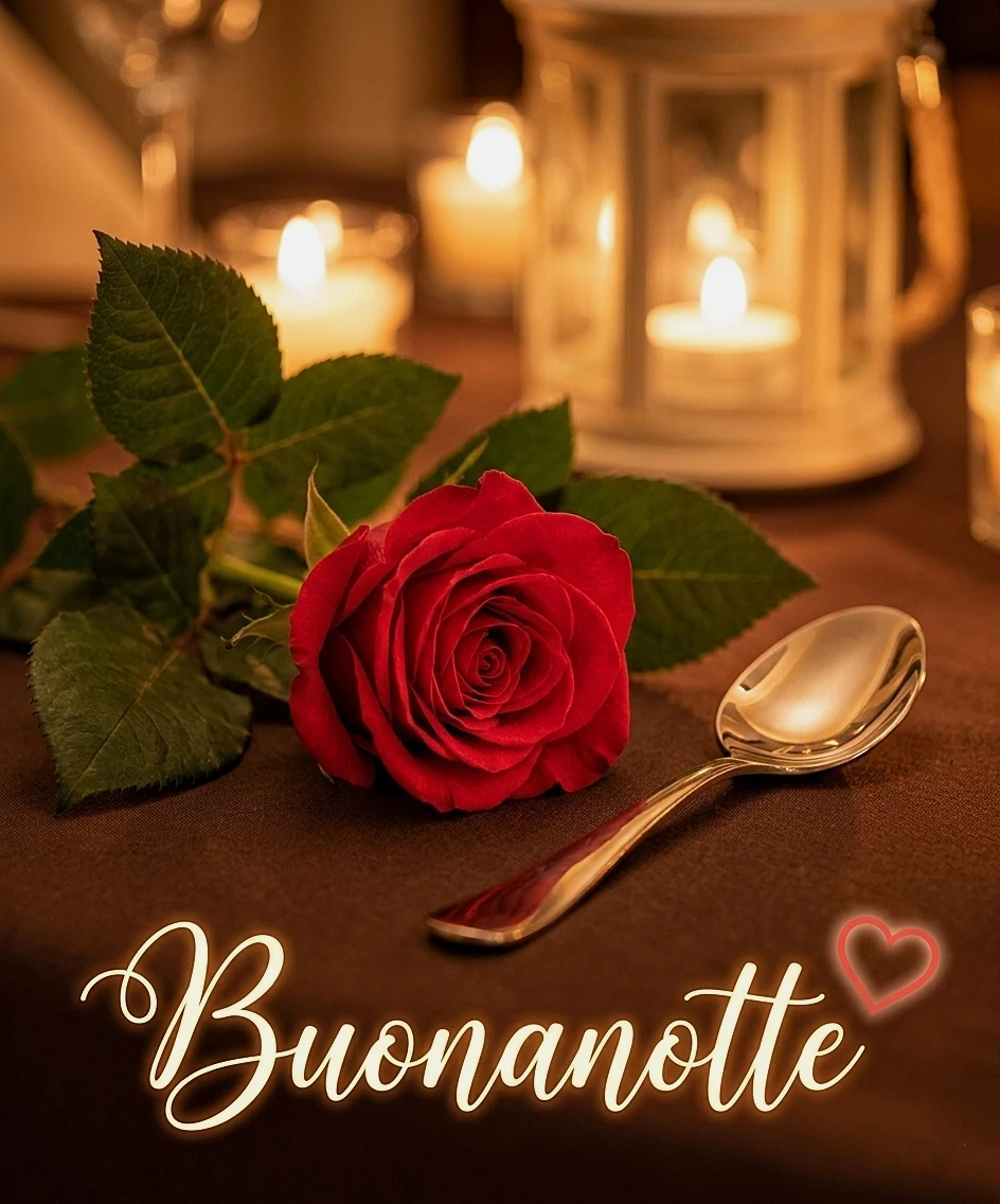 Una splendida rosa rossa fresca distesa accanto a un cucchiaio d'argento a tavola, una scelta di classe per inviare un nuovissimo buonanotte immagini recenti