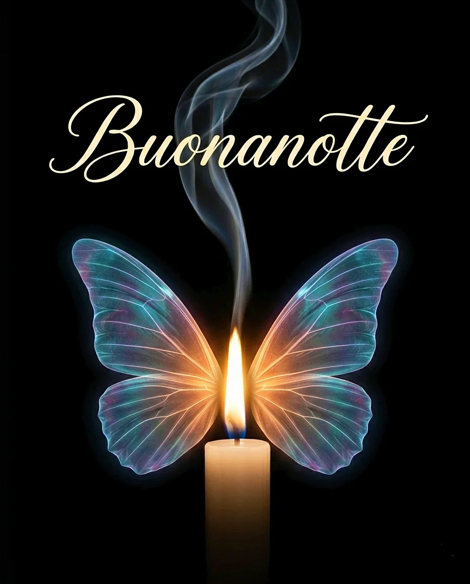 Una candela accesa da cui si sprigionano ali di farfalla trasparenti e colorate, ideale se cerchi un nuovissimo buonanotte immagini recenti profondo e mistico