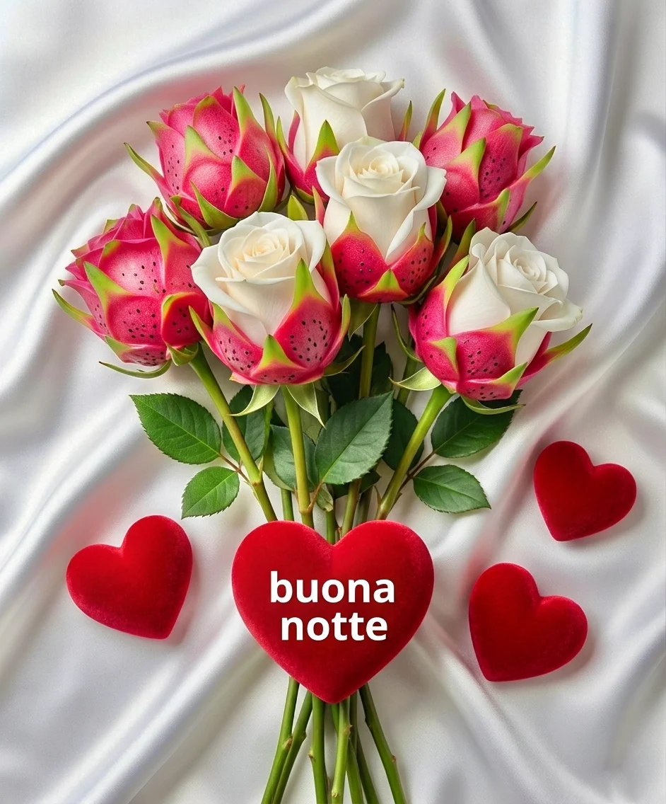 Un elegante mazzo di rose bianche e boccioli sfumati fucsia adagiati su seta bianca, perfetto da scaricare gratis come nuovissimo buonanotte immagini recenti