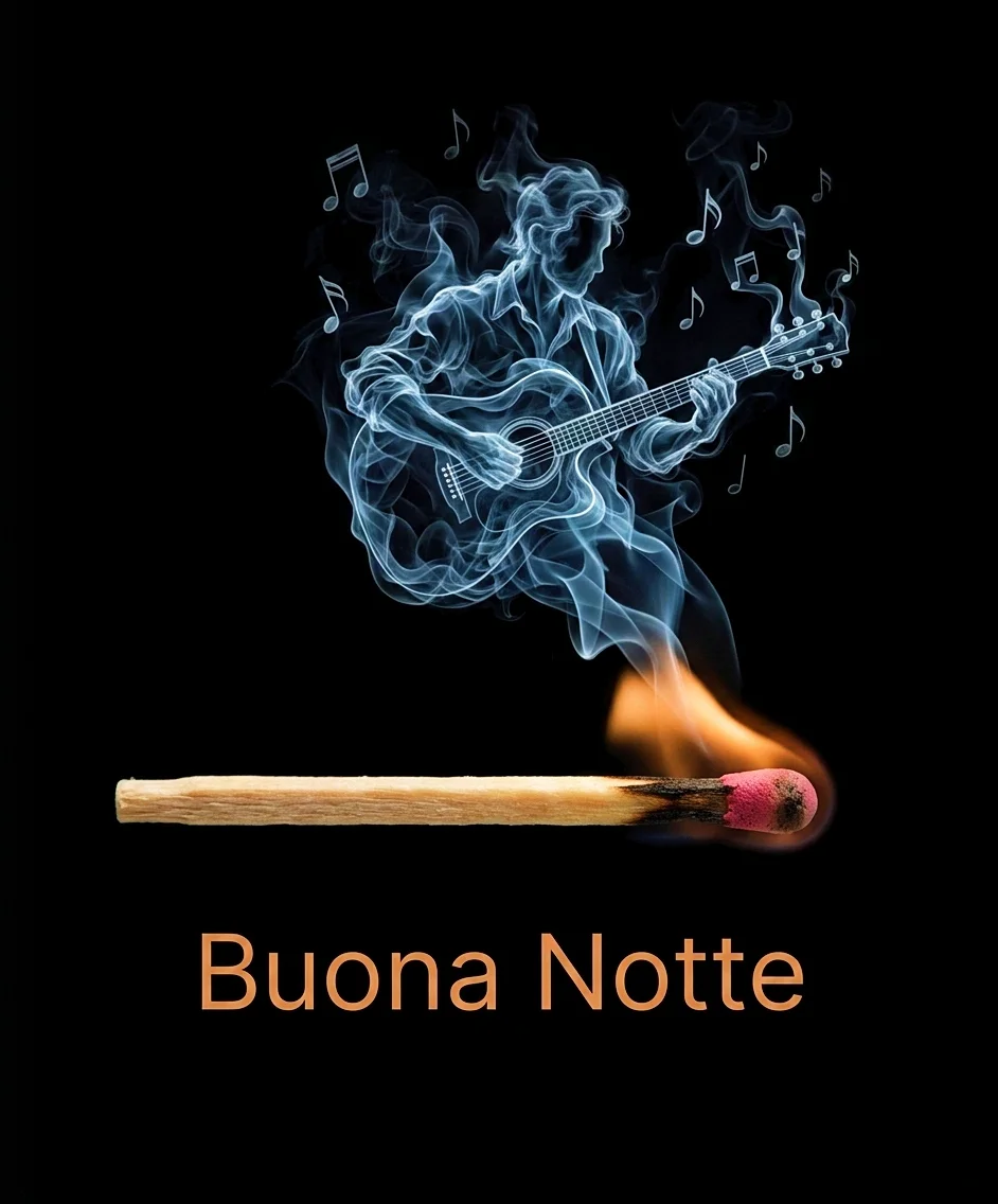 Profilo di un chitarrista fatto di fumo che si sprigiona da un fiammifero appena acceso, un'opzione originale per trovare immagini buonanotte a tema musica