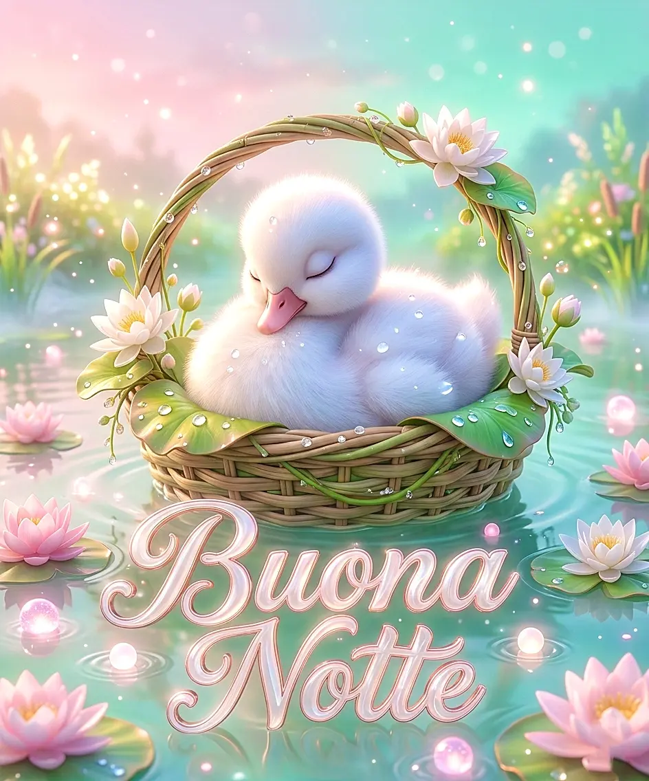 Un dolce cigno bianco che riposa in una sedia a cesto galleggiante su un laghetto di ninfee con la scritta Buona Notte, ottima per arricchire la pagina buonanotte immagini divertenti"