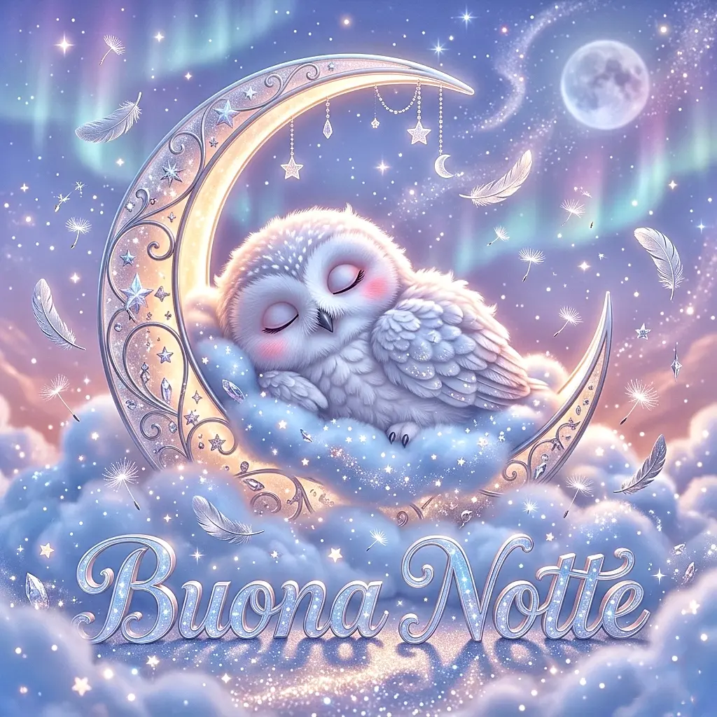 Un gufetto bianco che dorme su una mezzaluna di nuvole sotto l'aurora boreale con la scritta Buona Notte, ideale per la sezione buonanotte immagini divertenti e dolci